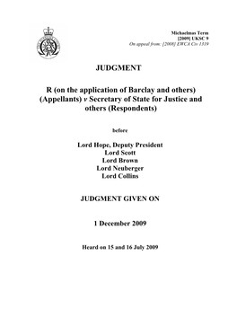 Barclay and Others) (Appellants) V Secretary of State for Justice and Others (Respondents)