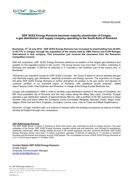 GDF SUEZ Energy Romania Becomes Majority Shareholder of Congaz, a Gas Distribution and Supply Company Operating in the South-East of Romania