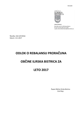 Osnutka Odloka O Rebalansu Proračuna Občine Ilirska Bistrica Za Leto