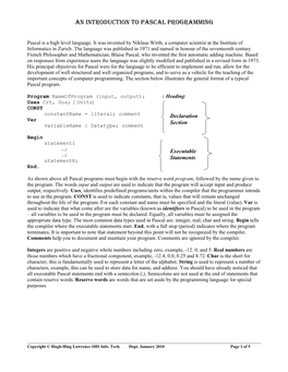 An Introduction to Pascal Programming