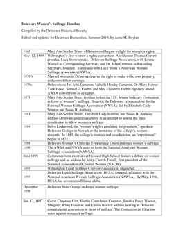 Delaware Women's Suffrage Timeline Compiled by the Delaware Historical Society Edited and Updated for Delaware Humanities