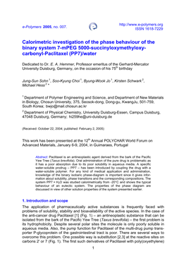 Calorimetric Investigation of the Phase Behaviour of the Binary System 7-Mpeg 5000-Succinyloxymethyloxy- Carbonyl-Paclitaxel (PP7)/Water