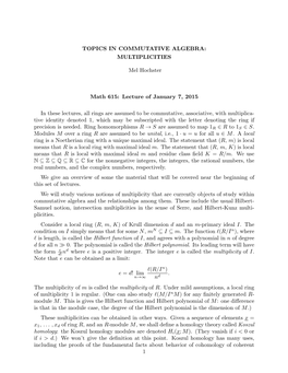 MULTIPLICITIES Mel Hochster Math 615: Lecture of January 7, 2015 In