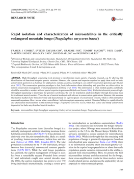 Rapid Isolation and Characterization of Microsatellites in the Critically Endangered Mountain Bongo (Tragelaphus Eurycerus Isaaci)