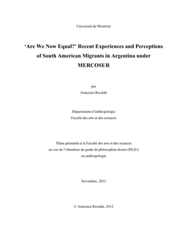 Recent Experiences and Perceptions of South American Migrants in Argentina Under MERCOSUR