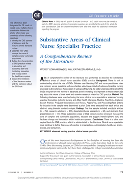 Substantive Areas of Clinical Nurse Specialist Practice