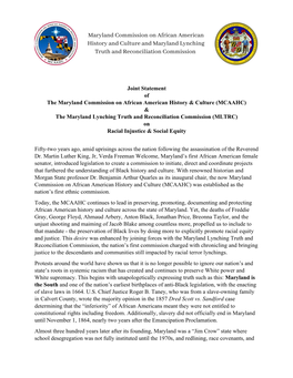 Maryland Lynching Truth and Reconciliation Commission Joint Statement with MCAAHC on Racial Injustice and Social Equity