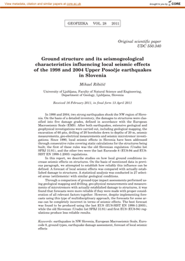 Ground Structure and Its Seismogeological Characteristics Influencing Local Seismic Effects of the 1998 and 2004 Upper Poso~Je Earthquakes in Slovenia