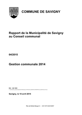 Rapport De Gestion 2014 De L'organisation Régionale De Protection Civile (ORPC) De Lavaux