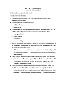 ESCI 107 – the Atmosphere Lesson 6– Clouds and Fog Reading