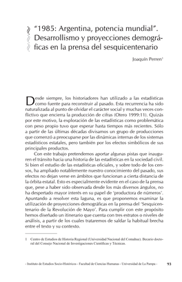 “1985: Argentina, Potencia Mundial”. Desarrollismo Y Proyecciones Demográ- Ficas En La Prensa Del Sesquicentenario