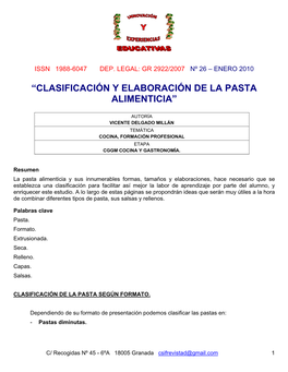 Clasificación Y Elaboración De La Pasta Alimenticia”