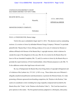 UNITED STATES DISTRICT COURT SOUTHERN DISTRICT of NEW YORK ------X : BEASTIE BOYS, Et Al., : : 12 Civ