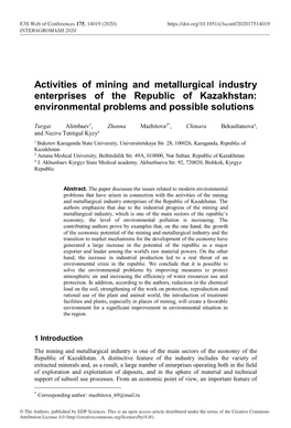 Activities of Mining and Metallurgical Industry Enterprises of the Republic of Kazakhstan: Environmental Problems and Possible Solutions
