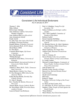 Consistent Life Individual Endorsers As of January 9, 2017