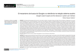 O Mecanismo De Busca Do Google E a Relevância Na Relação Sistema-Usuário Google’S Search Engine and the Relevance in System-User Interface Fátima Hassan Caldeira1