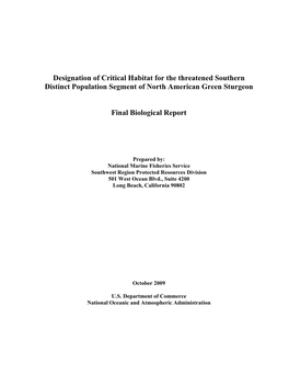 Proposed Designation of Critical Habitat for the Southern Distinct Population Segment of North American Green Sturgeon: Draft Biological Report