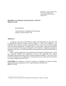 Historical Summary of Cryogenic Activity Prior to 1950 (2007)