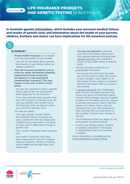 Fact Sheet 20 LIFE INSURANCE PRODUCTS and GENETIC TESTING in AUSTRALIA