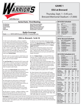 GAME NOTES ESU at a Glance Denny Douds Is 18Th in Career Wins in College Football History: DENNY DOUDS by the NUMBERS Location