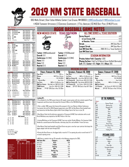 2019 NM STATE BASEBALL 1815 Wells Street | Stan Fulton Athletic Center | Las Cruces, NM 88003 | @Nmstatebaseball | Nmstatesports.Com