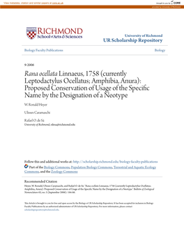 Linnaeus, 1758 (Currently Leptodactylus Ocellatus; Amphibia, Anura): Proposed Conservation of Usage of the Specific Name by the Designation of a Neotype W