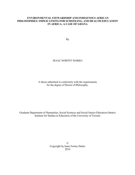 Environmental Stewardship and Indigenous African Philosophies: Implications for Schooling, and Health Education in Africa: a Case of Ghana