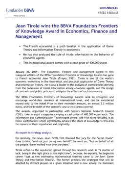 Jean Tirole Wins the BBVA Foundation Frontiers of Knowledge Award in Economics, Finance and Management