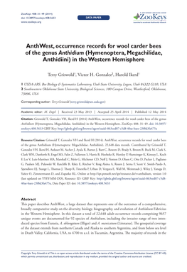 Anthwest, Occurrence Records for Wool Carder Bees of the Genus Anthidium (Hymenoptera, Megachilidae, Anthidiini) in the Western Hemisphere