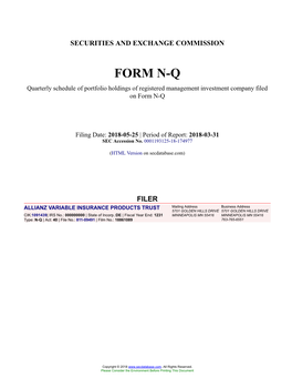 ALLIANZ VARIABLE INSURANCE PRODUCTS TRUST Form N-Q Filed 2018-05-25