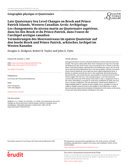 Late Quaternary Sea Level Changes on Brock and Prince Patrick Islands