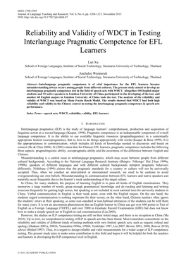 Reliability and Validity of WDCT in Testing Interlanguage Pragmatic Competence for EFL Learners