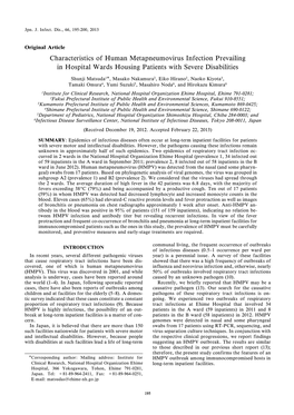 Original Article Characteristics of Human Metapneumovirus Infection Prevailing in Hospital Wards Housing Patients with Severe Disabilities