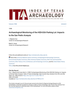 Archaeological Monitoring of the HEB-GSA Parking Lot: Impacts to the San Pedro Acequia