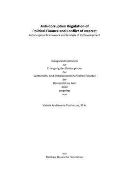 Anti-Corruption Regulation of Political Finance and Conflict of Interest a Conceptual Framework and Analysis of Its Development