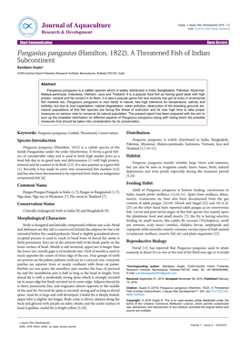 (Hamilton, 1822), a Threatened Fish of Indian Subcontinent Sandipan Gupta* ICAR-Central Inland Fisheries Research Institute, Barrackpore, Kolkata-700120, India