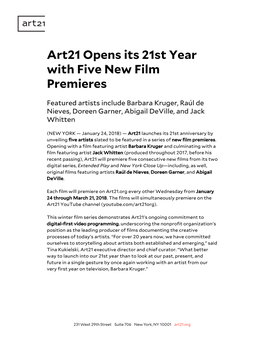 Art21 Opens Its 21St Year with Five New Film Premieres