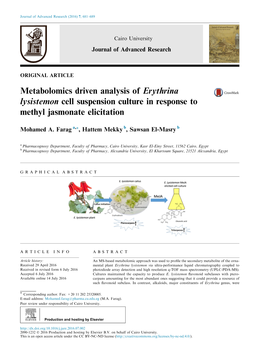 Metabolomics Driven Analysis of Erythrina Lysistemon Cell Suspension Culture in Response to Methyl Jasmonate Elicitation