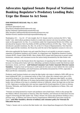 Advocates Applaud Senate Repeal of National Banking Regulator’S Predatory Lending Rule; Urge the House to Act Soon