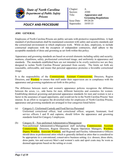 State of North Carolina Chapter: a Section: .0300 Department of Public Safety Title: Appearance and Prisons Grooming Regulations