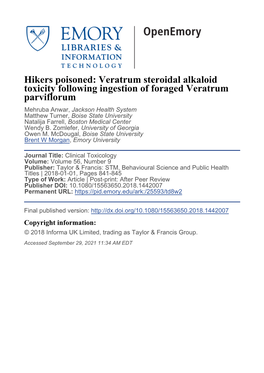 Veratrum Steroidal Alkaloid Toxicity Following Ingestion of Foraged