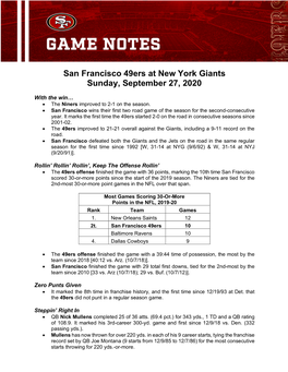 San Francisco 49Ers at New York Giants Sunday, September 27, 2020