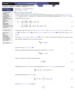 Navier-Stokes Equations the Navier-Stokes Equations Are the Fundamental Partial Differentials Equations That Describe the Flow of Incompressible Fluids