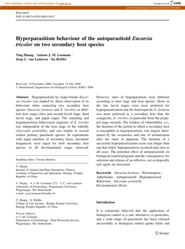 Hyperparasitism Behaviour of the Autoparasitoid Encarsia Tricolor on Two Secondary Host Species