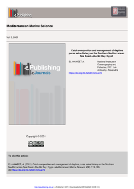 Catch Composition and Management of Daytime Purse Seine Fishery on the Southern Mediterranean Sea Coast, Abu Qir Bay, Egypt