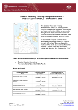 Disaster Recovery Funding Arrangements Event – Tropical Cyclone Owen, 9 - 17 December 2018