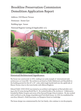 Brookline Preservation Commission Demolition Application Report