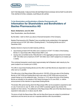 Information for Shareholders and Bondholders of Basilea Pharmaceutica AG