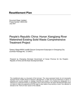 Resettlement Plan People's Republic China: Hunan Xiangjiang River