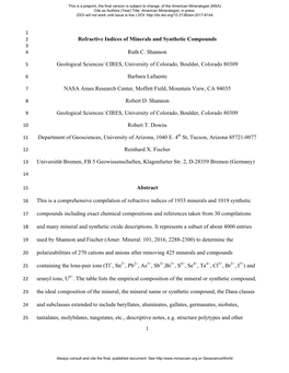 1 Refractive Indices of Minerals and Synthetic Compounds Ruth C. Shannon Geological Sciences